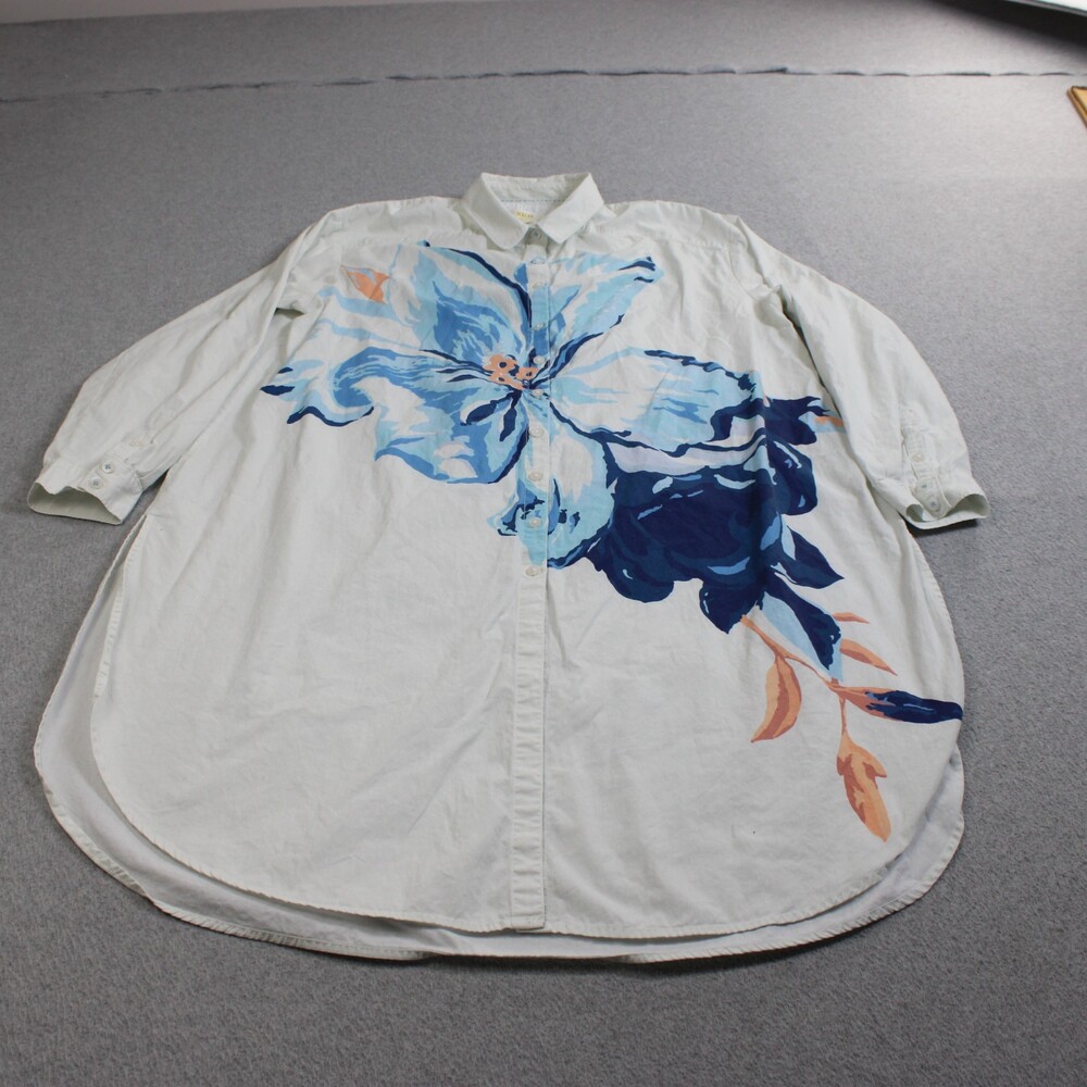 Maeve Shirt Womens Large White Flower Tunic Dress Button Boho Coastal Lagenlook